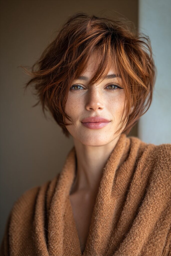 Older woman with a textured auburn stacked bob, tousled look and subtle layers, warmly lit in a modern studio setup.