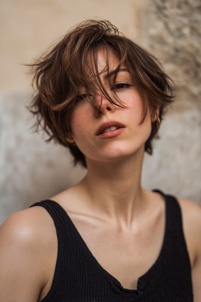 Model with a textured bixie haircut styled in choppy feathered layers and natural volume, chestnut brown color, wearing grunge makeup, posed in front of a plaster wall backdrop.