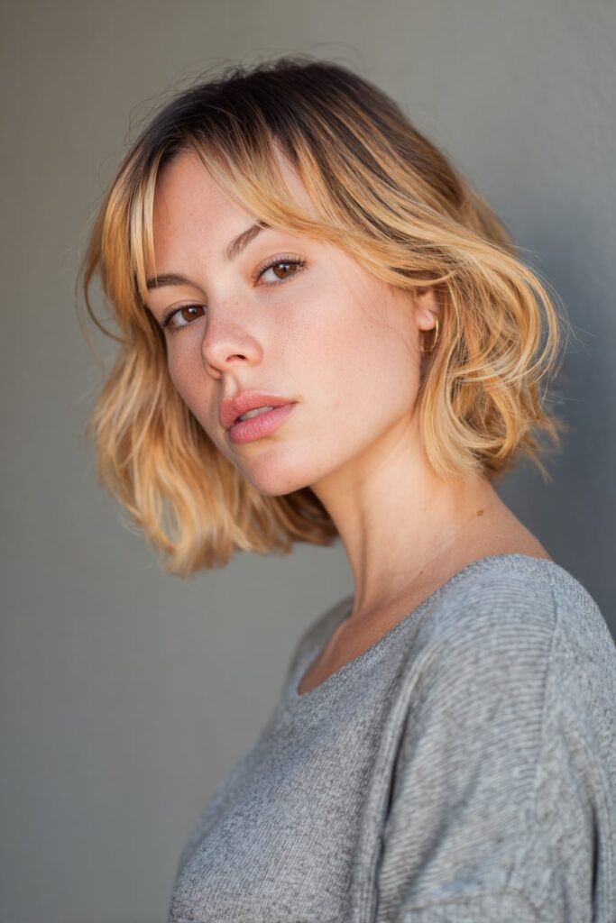 Female model wearing a textured lob cut, shoulder-length hair with outward-flipped ends, light honey-toned highlights, styled casually against a soft gray background.