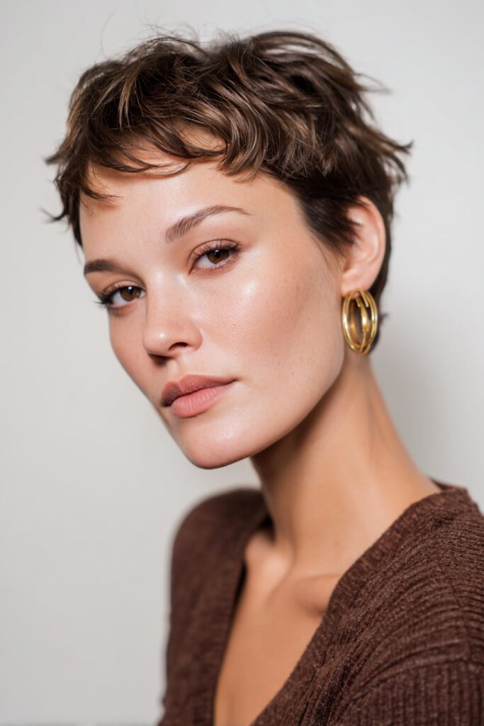 Jayda Wayda-inspired pixie haircut with choppy side-swept fringe and textured finish, worn by a fashionable Black woman in soft studio lighting.