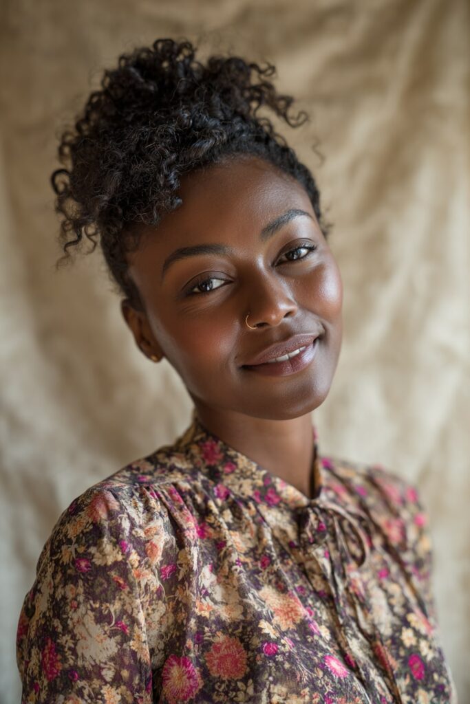 Black woman with naturally curly hair in a relaxed low ponytail, casual denim shirt, smiling gently in a softly lit cafe with warm bokeh lights.