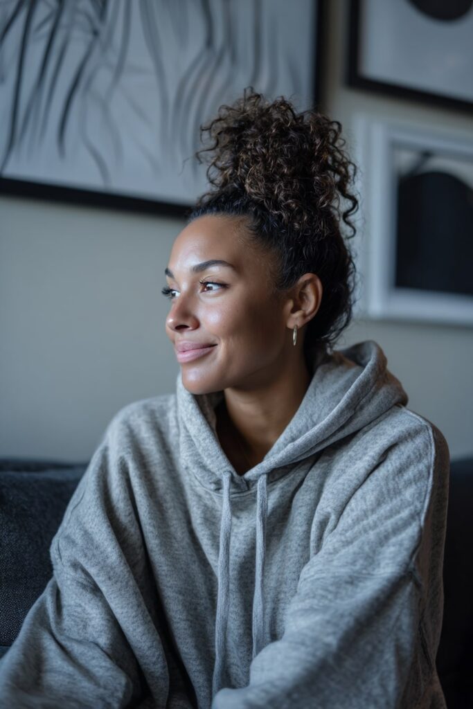 Stylish Black woman with curly hair gathered in a high bun, wearing an oversized hoodie, lounging on a modern couch with framed art behind her.