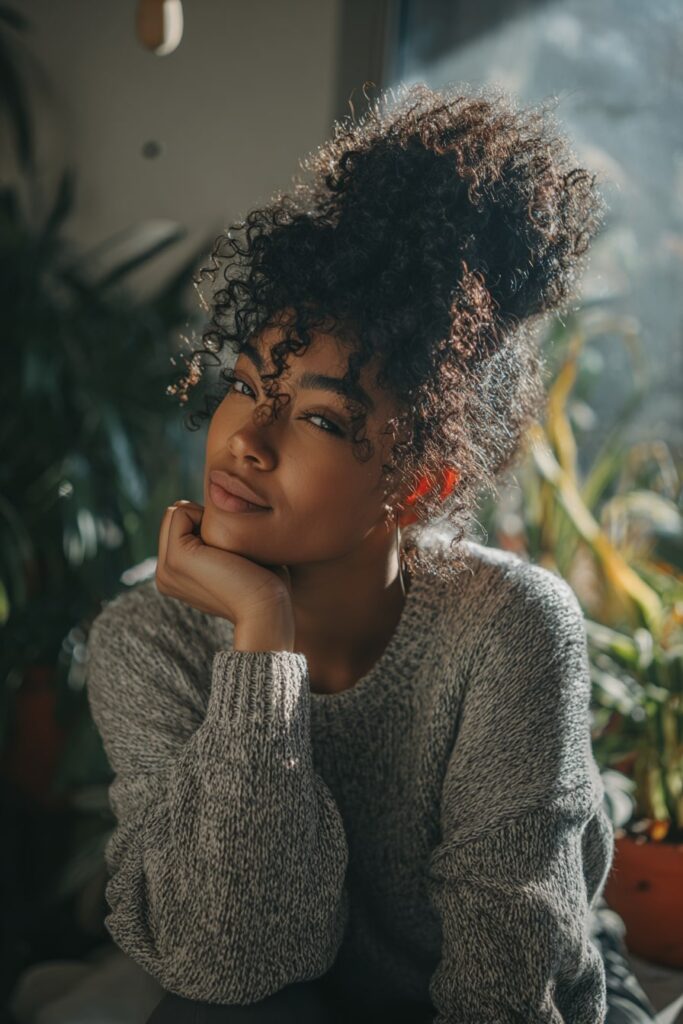 Black woman with voluminous curly hair styled in a loose pineapple updo, soft tendrils framing her face, wearing a cozy knit sweater, sitting by a sunlit window with indoor plants.