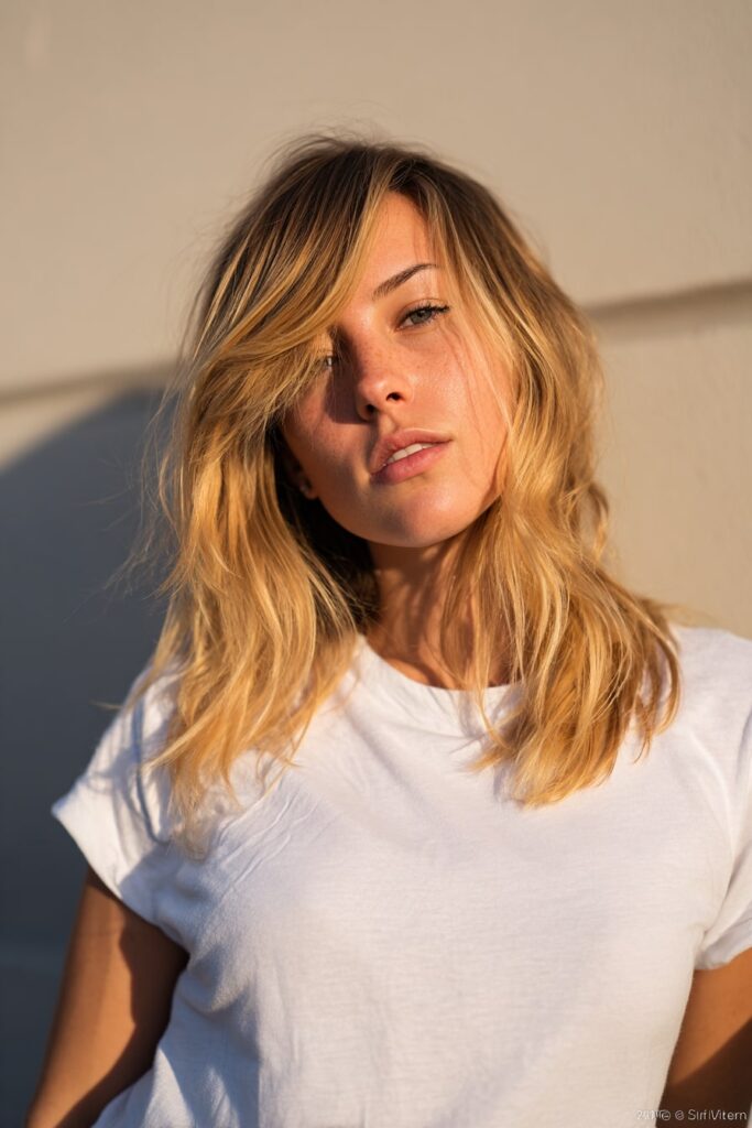 A modern update of the classic Rachel haircut with flipped ends and layered volume, golden honey tones, styled with a slightly undone texture, against a white seamless backdrop.