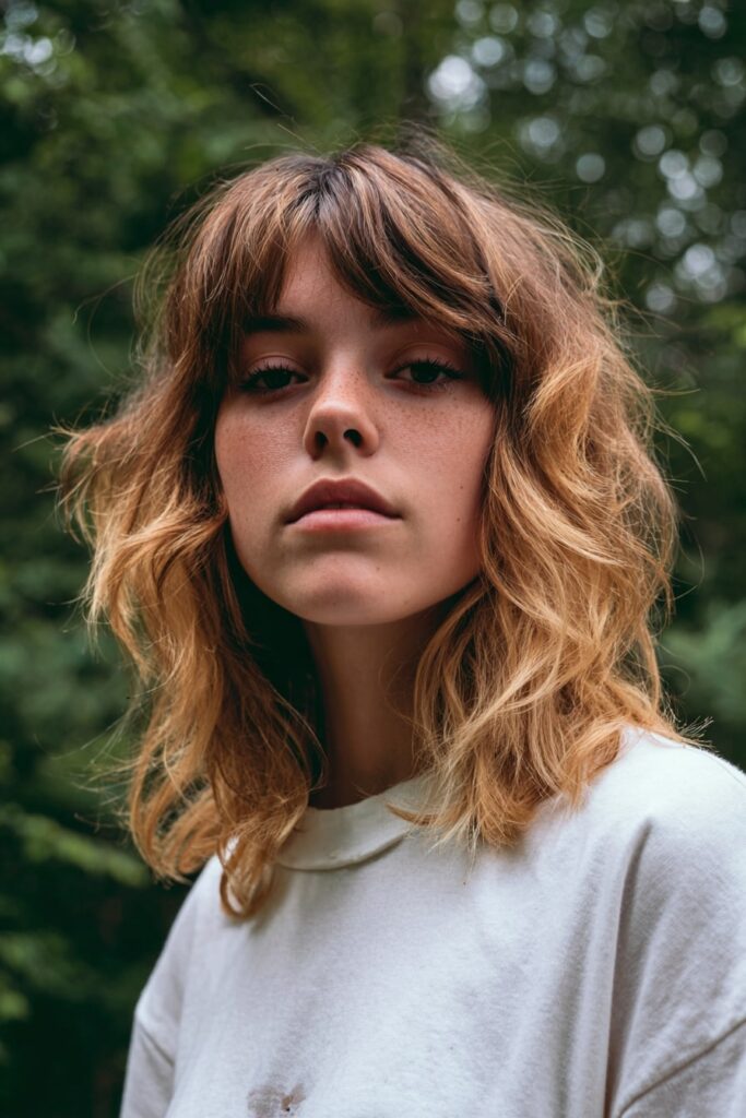American model with a messy, tousled bixie haircut in caramel blonde, visible darker roots, styled casually with a vintage tee, forest backdrop with natural light.
