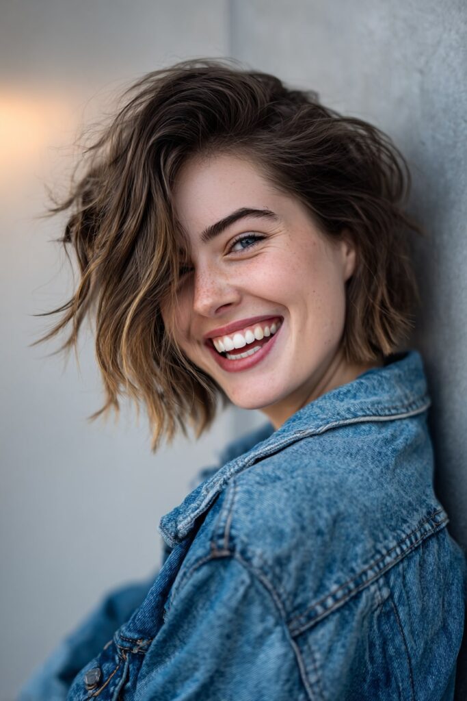 Fashionable older woman with a tousled textured inverted bob, lively look captured under balanced studio light.