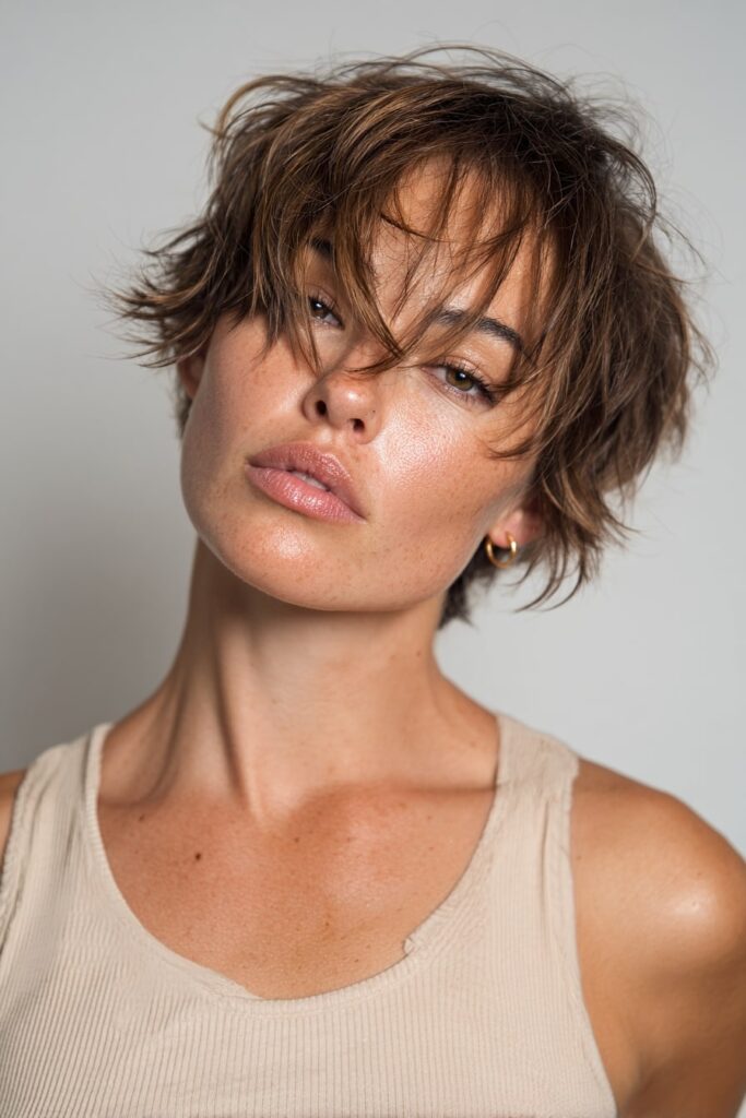 Jayda Wayda-style tousled pixie with soft fringe and relaxed texture, worn by a glam Black model with peachy makeup and warm lighting.