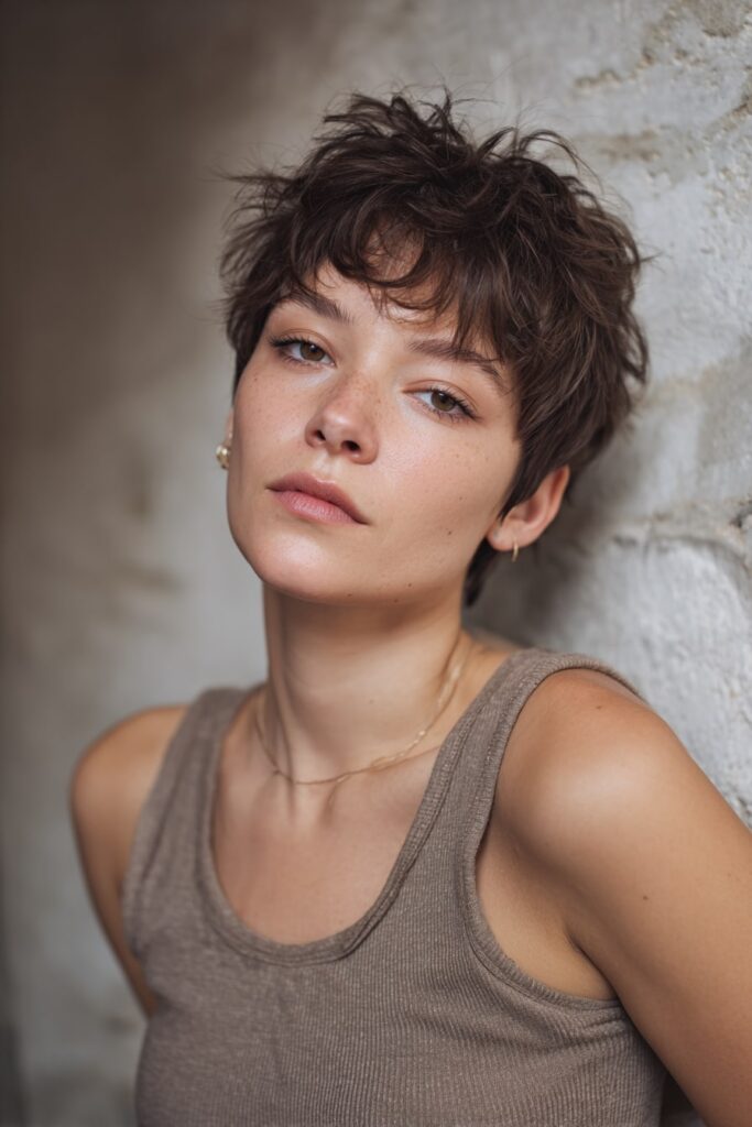 Shaggy textured pixie haircut styled in a tousled 90s grunge fashion, medium ash brown hair with relaxed layers, grunge makeup and a tank top, textured wall behind.