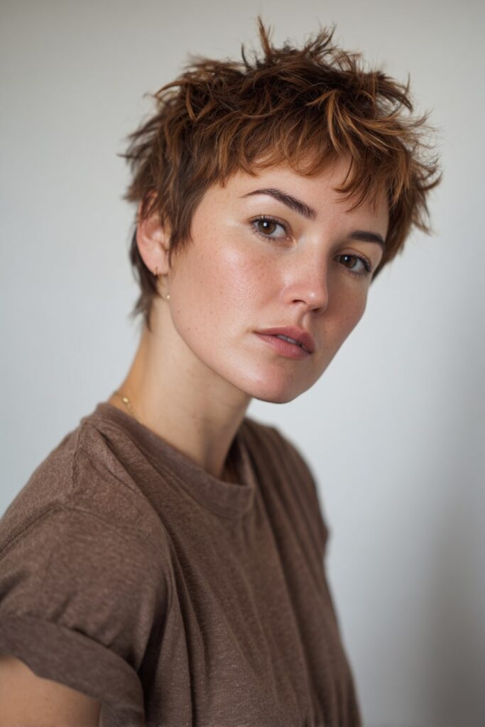 Carefree short pixie hairstyle with relaxed, tousled spikes and layered texture, styled with minimal makeup and a tee shirt on a clean backdrop.