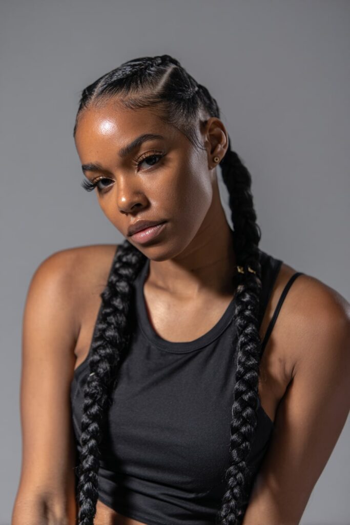 Jayda Wayda triangle part box braids with sharp geometric sectioning and waist-length strands.