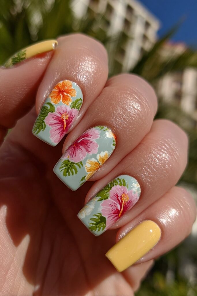 Bright vacation nails with tropical hibiscus flower patterns in pink and orange with green backgrounds.