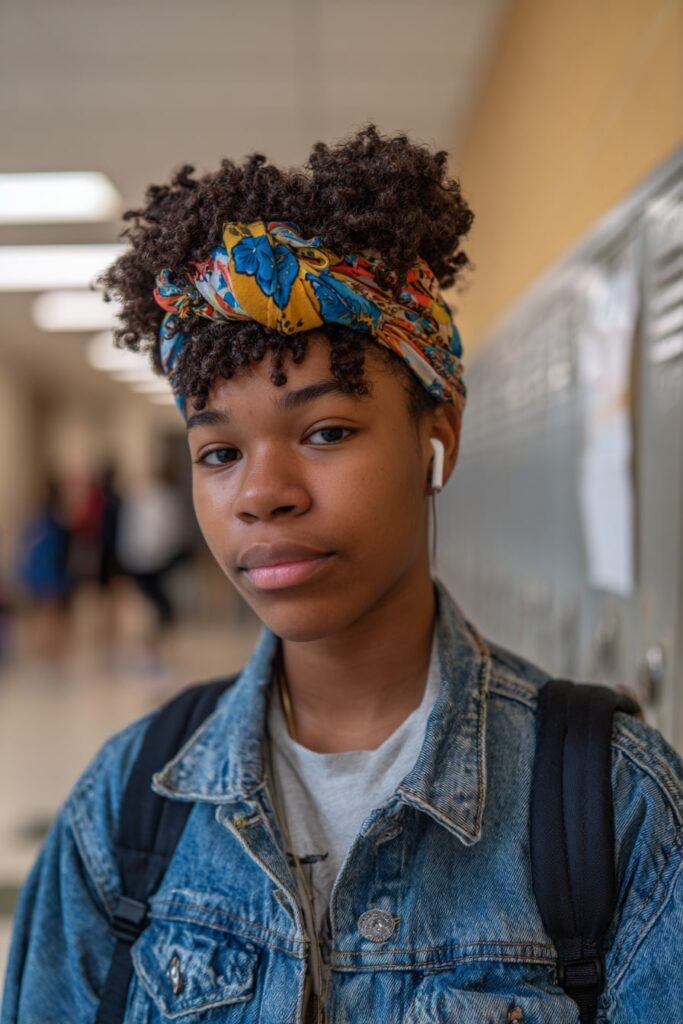 African-American girl with a defined twist-out hairstyle and colorful headband, wearing a denim jacket inside a bright hallway.