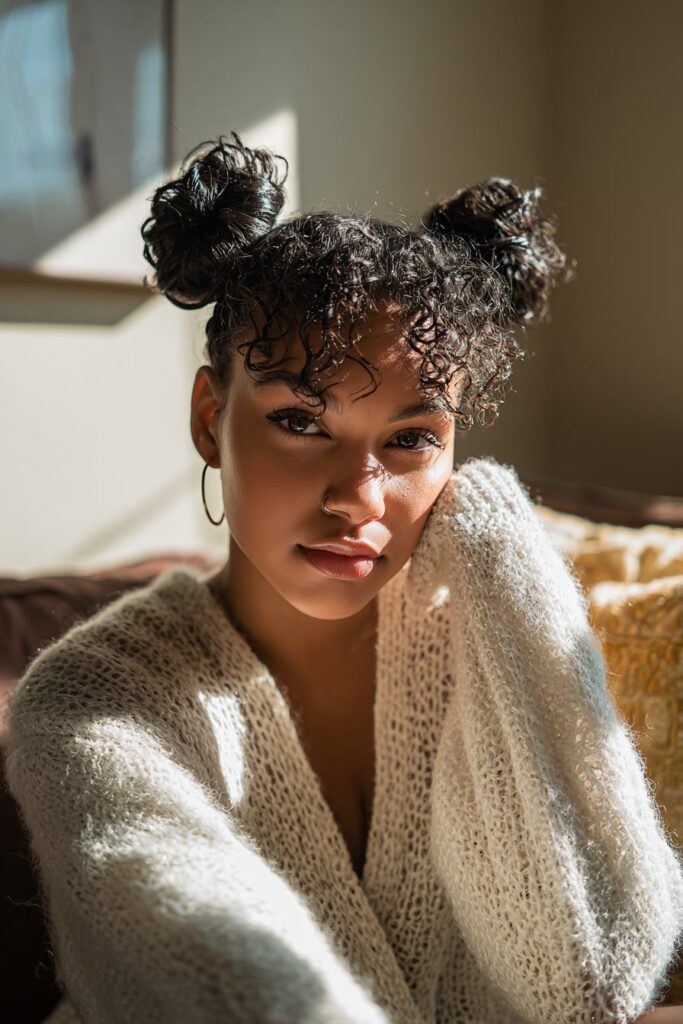 Black woman with curly hair styled into two twisted space buns, cozy knit cardigan, seated on a sofa with sunlight shining through a nearby window.