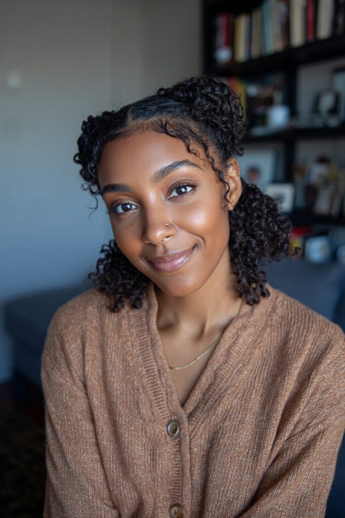 Black woman with shoulder-length curly hair in neat two-strand twists, smiling warmly, dressed in a buttoned cardigan, seated in a cozy living room with a bookshelf backdrop.
