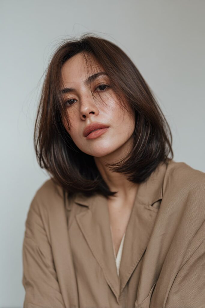 Model with mid-length hair cut in a defined two-tiered layer structure, inward-curving ends, wearing a simple outfit, captured on a seamless white backdrop.
