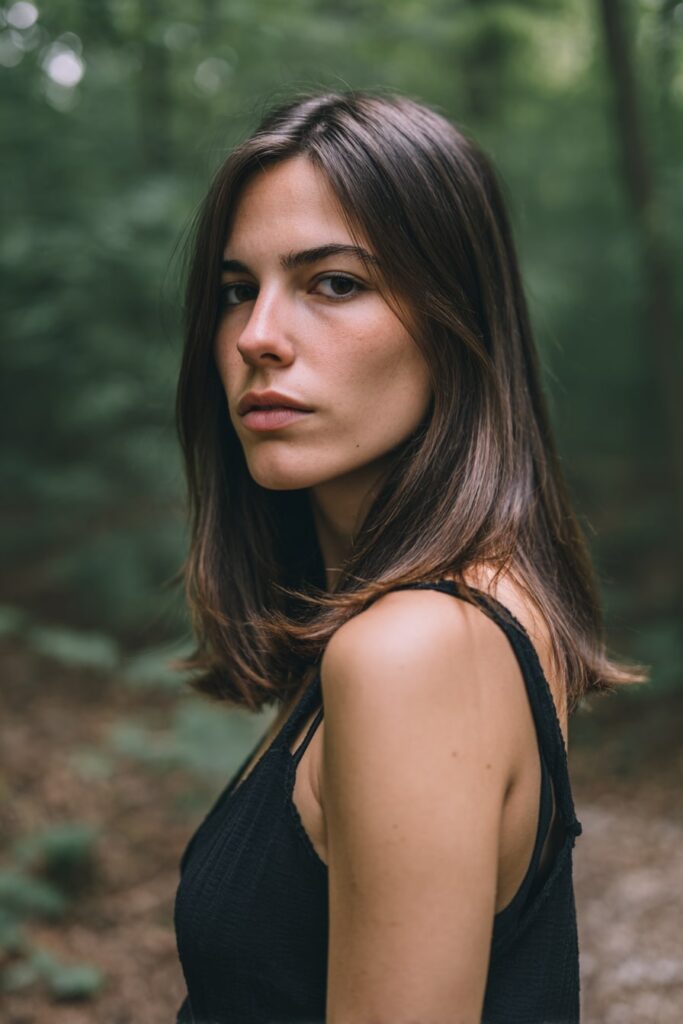 Model with waist-length sleek straight hair shaped into a V-cut silhouette, long cascading layers with subtle natural flow, photographed at the edge of a forest.