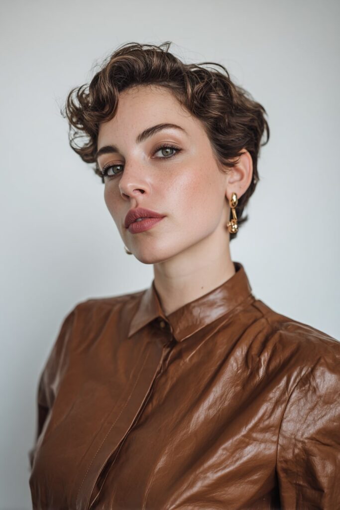Vintage-inspired pixie haircut styled in finger waves, glossy chocolate brown color, paired with dramatic makeup, shot against a clean white backdrop.