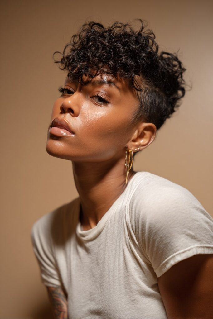 African-American woman with a voluminous curly pixie cut, styled with bouncy top curls and tapered sides, glowing skin and soft glam makeup, inspired by Jayda Wayda.