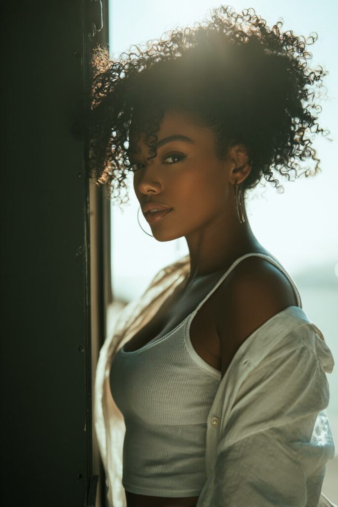 Black woman with fresh wash-and-go curls, defined and voluminous, wearing a white tank layered with an open shirt, standing near a large sunlit window.