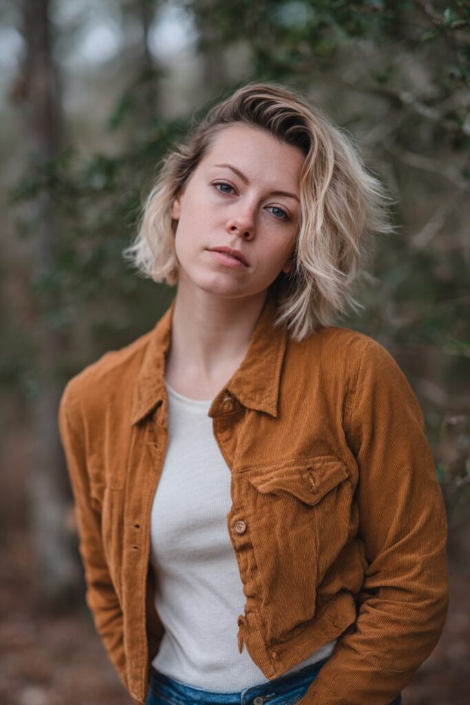 Soft, wavy asymmetrical bob on an American model, one side tucked behind the ear and the other longer and textured, warm blonde color, natural and airy with a forest-edge backdrop.