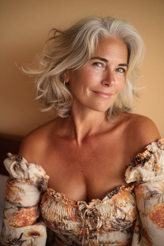 Woman with wavy inverted bob and subtle balayage color blend, soft natural curls visible, serene expression, seamless backdrop.