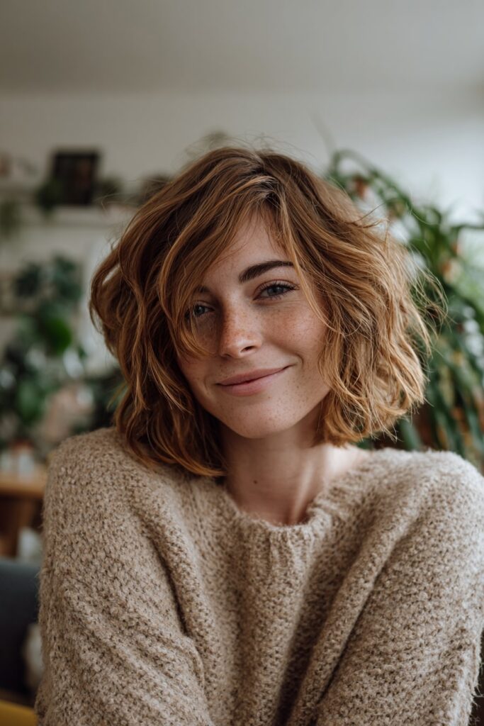 Older woman with soft waves and golden highlights in a stacked bob, relaxed and cheerful expression under warm-toned lighting.