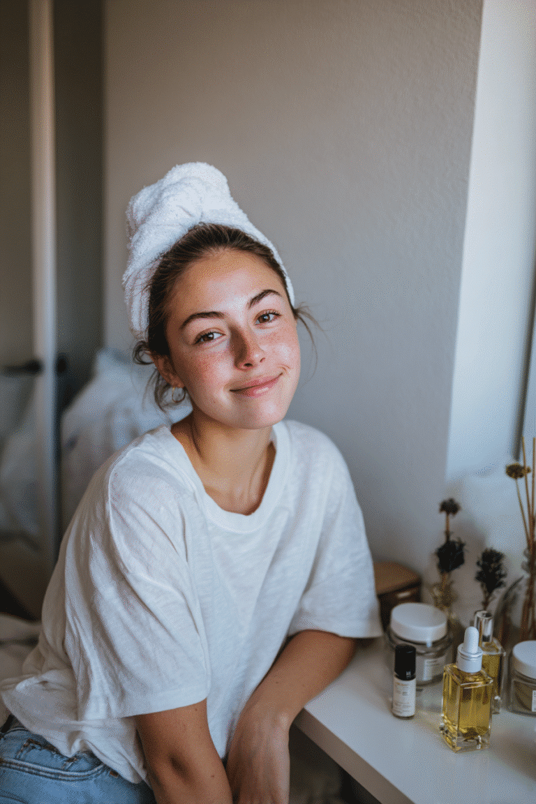 Confident American teenage girl with fresh glowing skin, hair wrapped in a white towel, sitting beside a small vanity table arranged with skincare products, cream jars, oils, natural ingredients, and elegant perfume bottles, wearing a modest white top in a bright, airy bedroom with soft daylight.