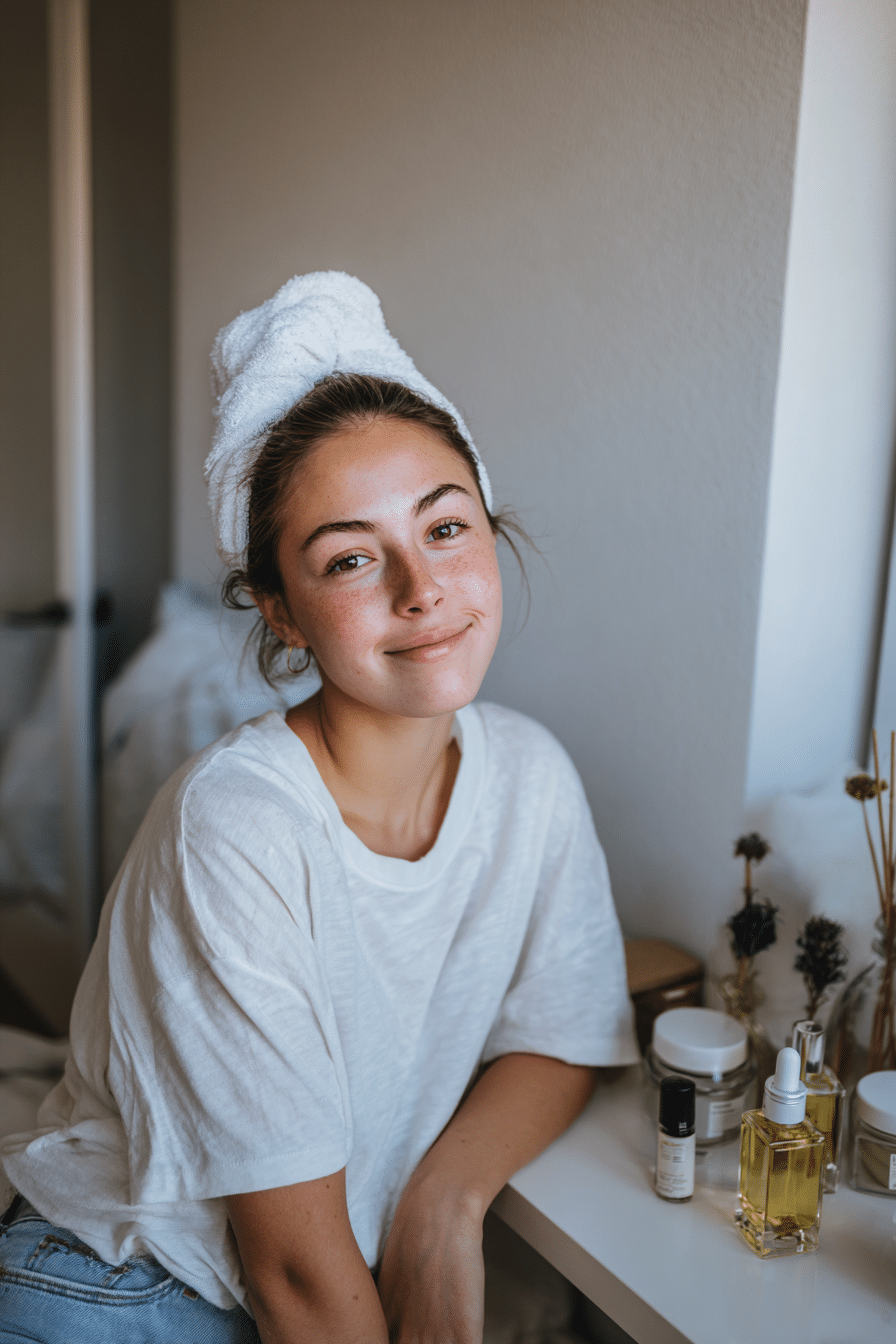 Confident American teenage girl with fresh glowing skin, hair wrapped in a white towel, sitting beside a small vanity table arranged with skincare products, cream jars, oils, natural ingredients, and elegant perfume bottles, wearing a modest white top in a bright, airy bedroom with soft daylight.
