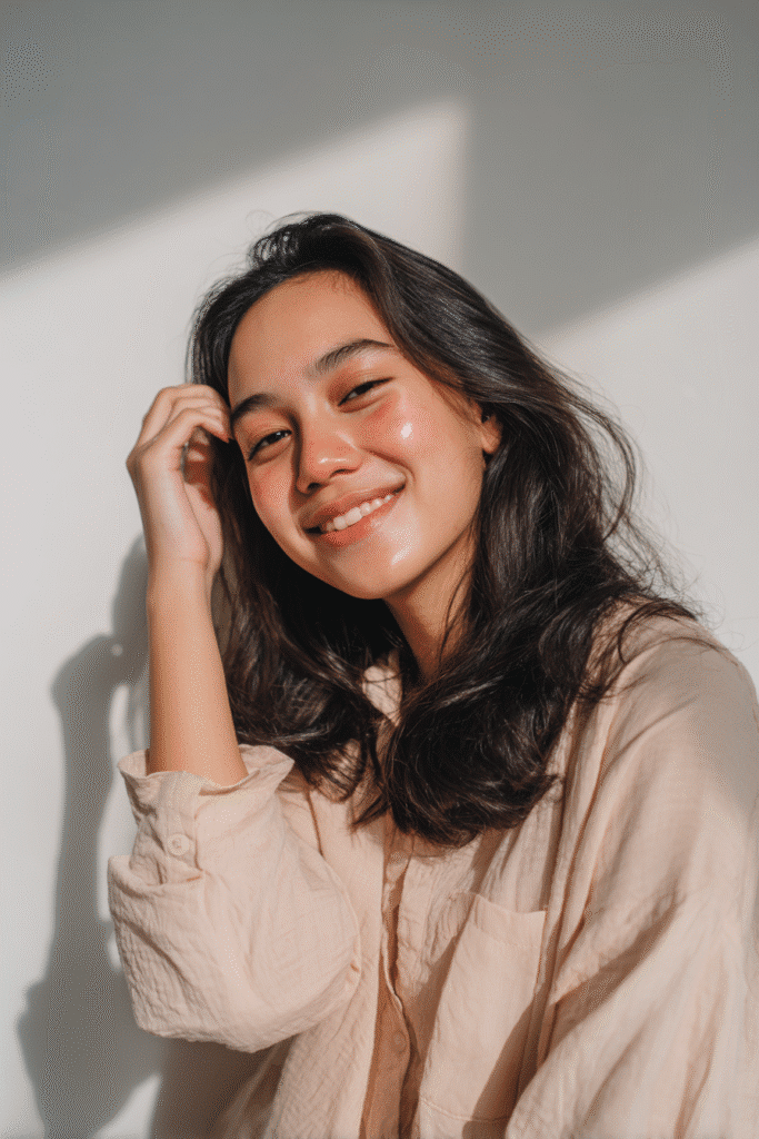 Smiling American teen girl softly applying blush and light contour for natural dimension, dressed in a modest pastel blouse, posing against a seamless white backdrop.