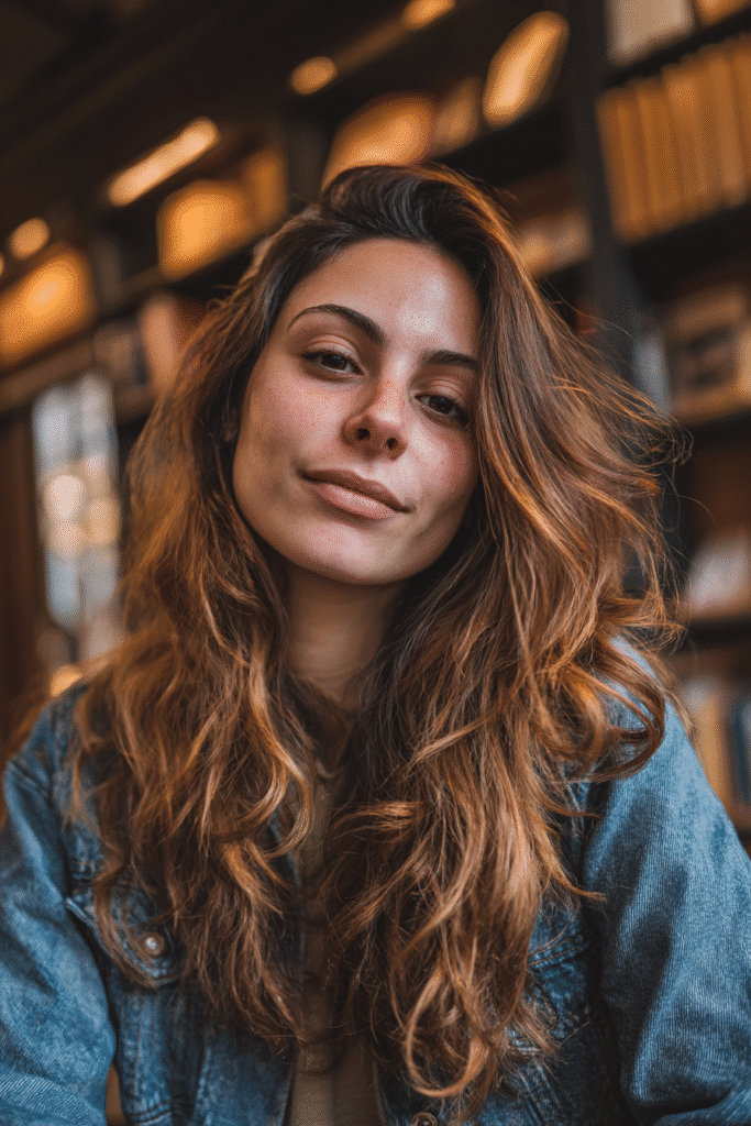 A vibrant American female model in her 20s with chest-length Neapolitan hair featuring warm almond with rose infused highlights, styled elegantly, photographed against an elegant vintage library with dark wood shelves and warm lighting. She has subtle makeup, a trendy outfit, a warm skin tone, and a friendly expression, captured with soft natural lighting.