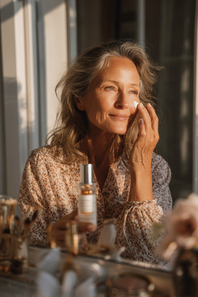 Older woman applying translucent setting powder to her face after misting with a fine setting spray, wearing a modest long-sleeve shirt, with sunlight catching the soft mist for a glowing finish — portrait orientation."