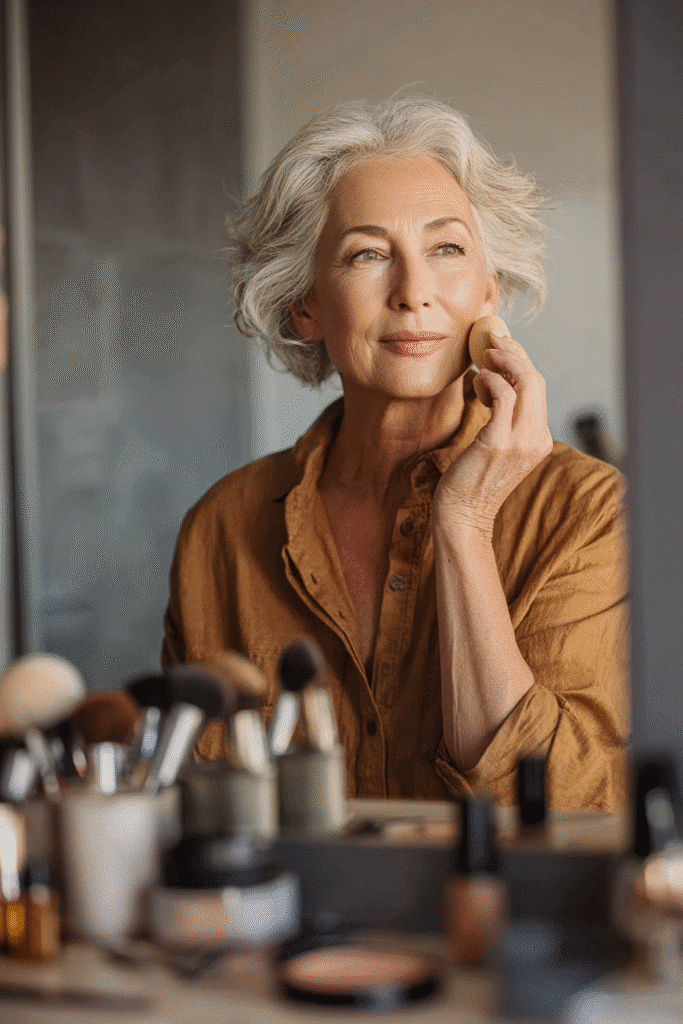 Mature woman applying luminous primer on her face, creating a smooth, glowing base for makeup.