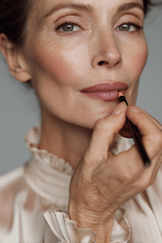 Older woman outlining her lips with nude lip liner to prevent lipstick from feathering into fine lines.