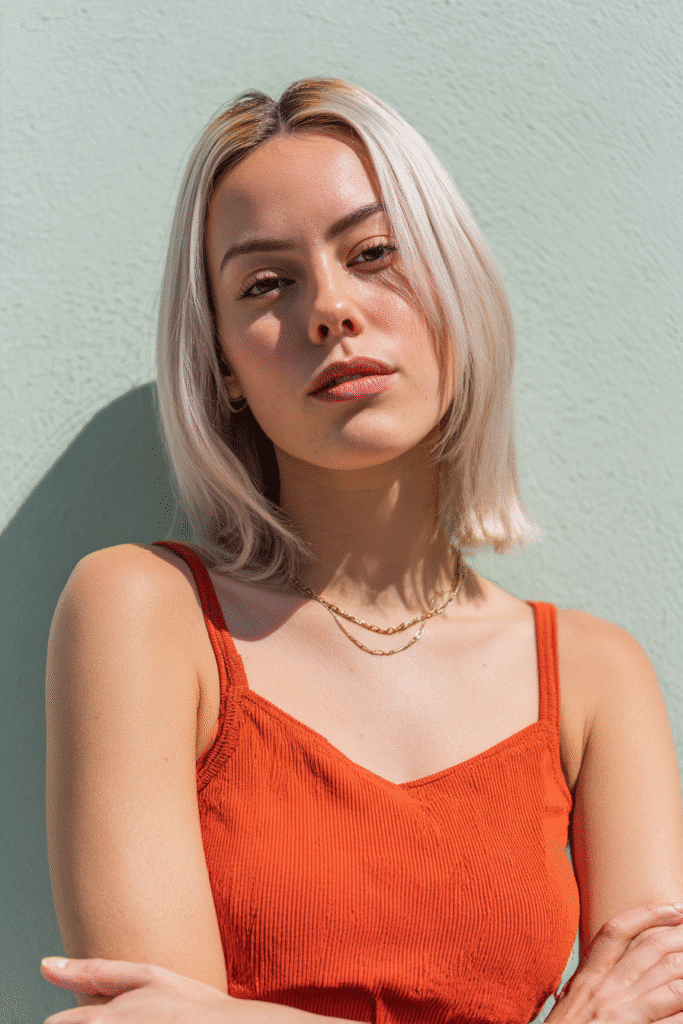 A vibrant female model in her 20s with shoulder-to-waist-length straight hair in ash blonde, styled in a sleek lace front baddie wig with a natural hairline, framed from chest-level upward, photographed against a seamless light mint backdrop with a smooth surface. She has bold makeup, a trendy outfit, a warm skin tone, and a confident expression, captured with soft natural lighting.