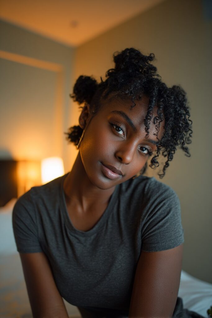 Black woman with low-tension bantu knots, natural glowing makeup, wearing a fitted t-shirt, sitting in a softly lit neutral-toned room.