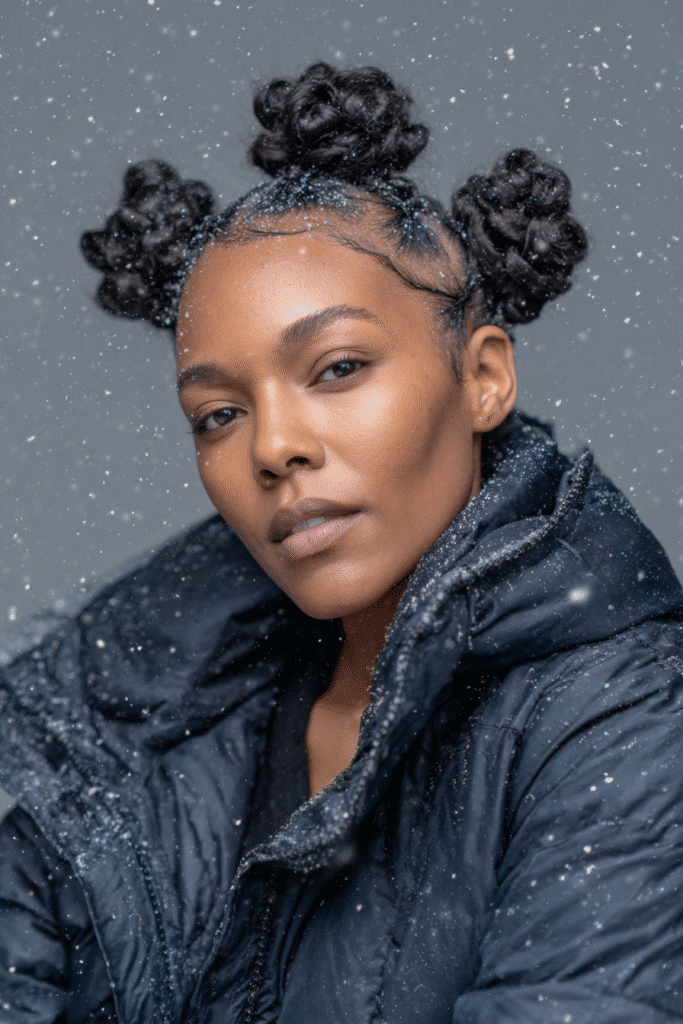 A vibrant female model in her 20s with shoulder-length Bantu knots, styled with a protective and coiled design, captured in a close-up shot focusing on the hair, photographed against a seamless soft navy backdrop with a glossy sheen. She has subtle makeup, a stylish winter coat, a warm skin tone, and a confident expression, captured with cozy winter lighting and soft snowflakes.