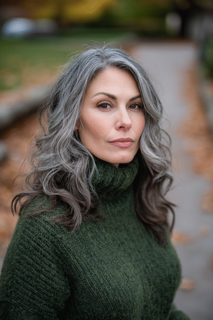 Natural portrait of a brunette woman with blended gray transition hair, smooth layered cut, wearing a cozy cream sweater, standing in gentle afternoon sunlight.