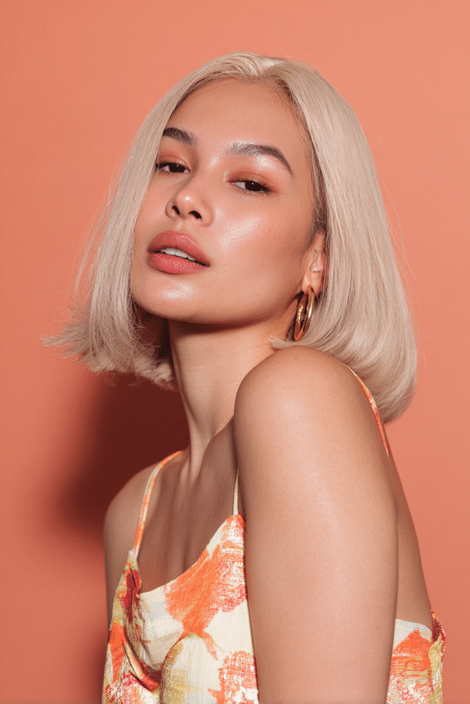 A vibrant female model in her 20s with shoulder-length blonde bob hair, styled in a chic bob-length baddie wig with a sleek finish, framed from chest-level upward, photographed against a seamless warm peach backdrop with a glossy sheen. She has bold makeup, a trendy outfit, a warm skin tone, and a confident expression, captured with soft natural lighting.