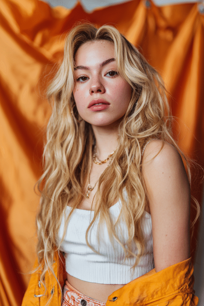 A vibrant female model in her 20s with shoulder-to-waist-length blonde hair extensions, styled in a voluminous baddie wig with added extensions, framed from chest-level upward, photographed against a seamless warm amber backdrop with a satin finish. She has bold makeup, a trendy outfit, a warm skin tone, and a confident expression, captured with soft natural lighting.