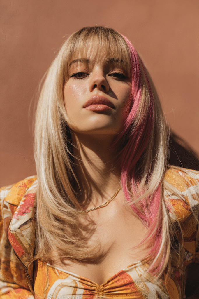 A vibrant female model in her 20s with shoulder-to-waist-length straight hair in blonde with a pink skunk stripe, styled in a sleek baddie wig with a bold accent, framed from chest-level upward, photographed against a seamless warm cinnamon backdrop with a smooth surface. She has bold makeup, a trendy outfit, a warm skin tone, and a confident expression, captured with soft natural lighting.