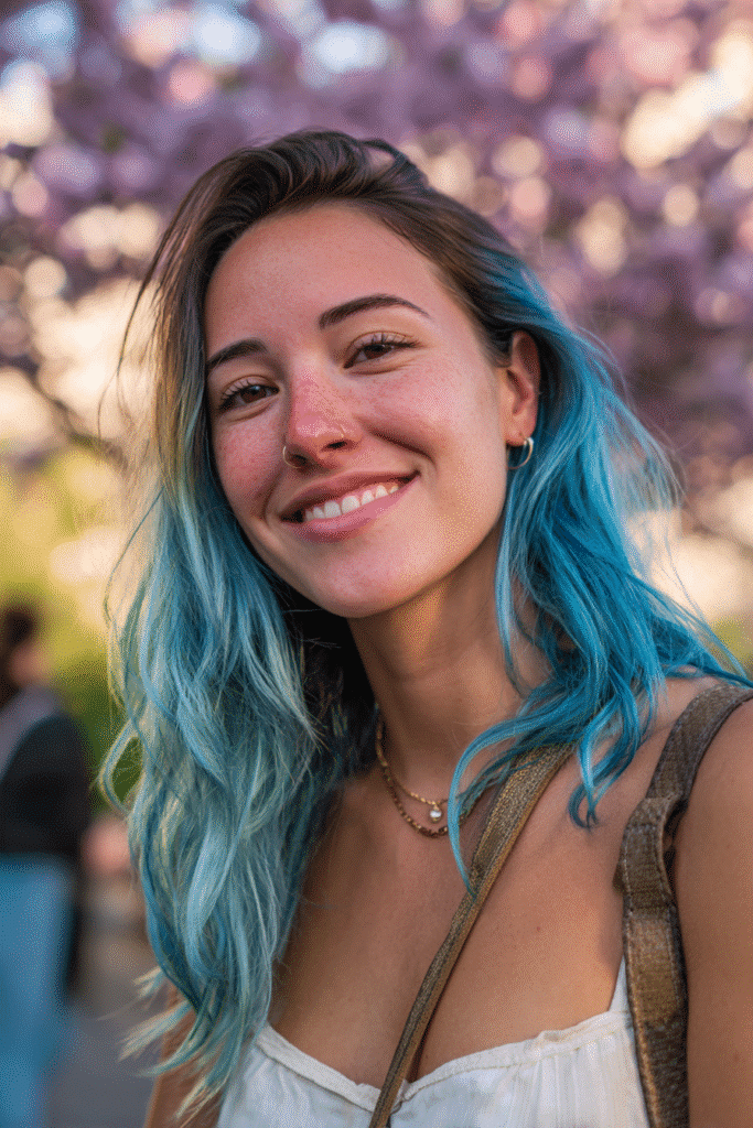 A vibrant American female model in her 20s with chest-length Neapolitan hair featuring vibrant blueberry with creamy caramel tips, styled smoothly, photographed against a twilight orchard with blooming trees and soft purple hues. She has subtle makeup, a trendy outfit, a warm skin tone, and a friendly expression, captured with soft natural lighting.
