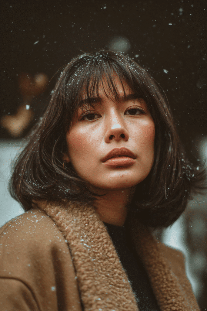 A vibrant female model in her 20s with shoulder-length bob wig hair, styled with soft bangs and a sleek finish, framed from chest-level upward, photographed against a seamless warm amber backdrop with a matte finish. She has subtle makeup, a stylish winter coat, a warm skin tone, and a confident expression, captured with cozy winter lighting and soft snowflakes.