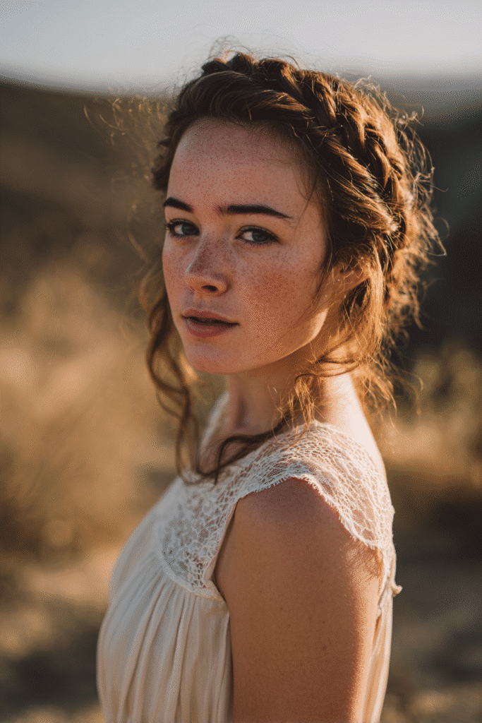 American bride in a flowy lace gown styled with a boho braid crown half-up half-down hairstyle, photographed outdoors in a rustic wedding setting.