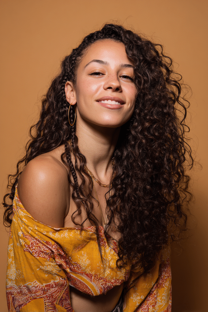 A vibrant female model in her 20s with shoulder-to-waist-length curly half wig, styled with boho braids and loose curls flowing down, photographed against a seamless warm ochre backdrop with a glossy sheen. She wears subtle makeup, a trendy outfit, and has a warm skin tone with a friendly expression, captured with soft natural lighting.