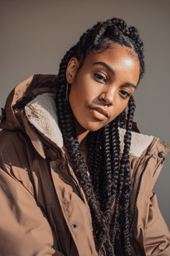 A vibrant female model in her 20s with shoulder-to-waist-length box braids, styled with neatly parted sections and a bold finish, framed from chest-level upward, photographed against a seamless soft taupe backdrop with a glossy sheen. She has subtle makeup, a stylish winter coat, a warm skin tone, and a confident expression, captured with cozy winter lighting and a frosty glow.