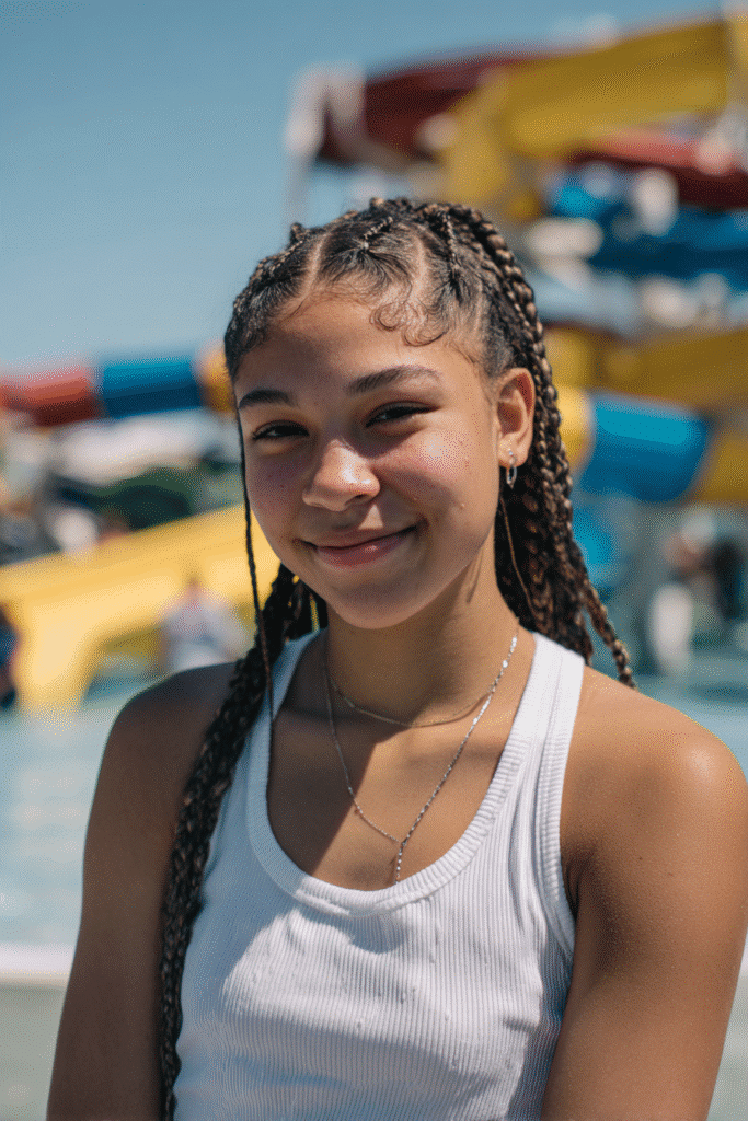 Smiling American teenage girl in a modest swim shirt with neat boxer braids, standing near colorful water slides at a waterpark.