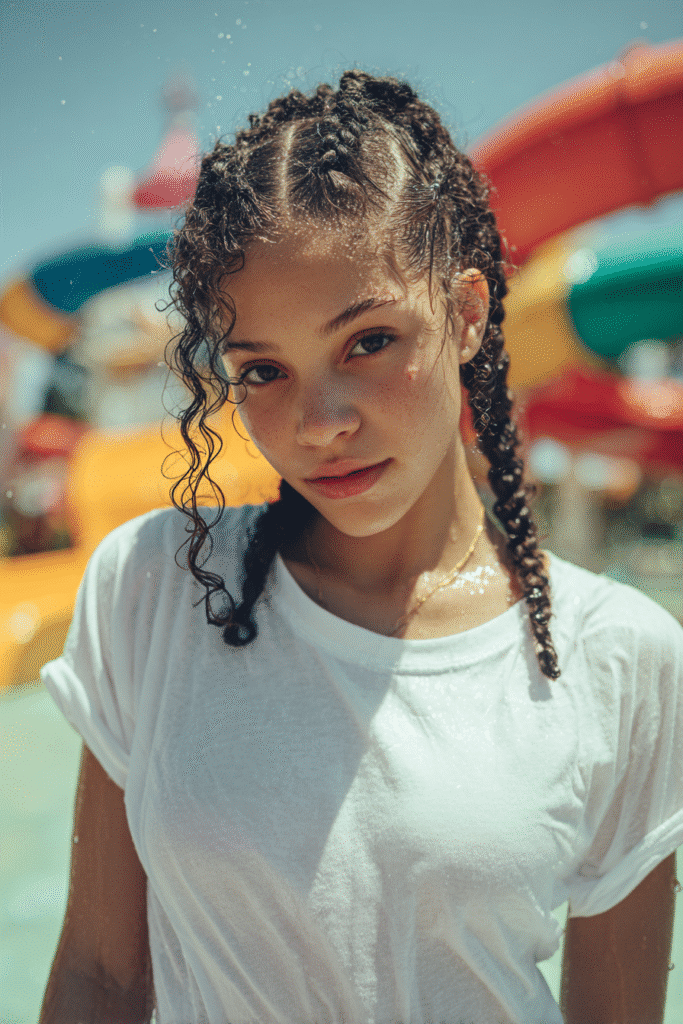Curly-haired girl wearing a full swim shirt, styled in tight boxer braids, smiles near a water slide with water splashing around her.