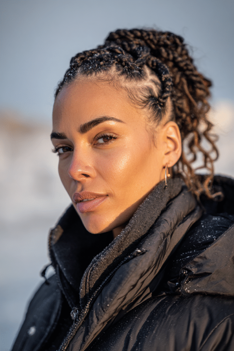 A vibrant female model in her 20s with shoulder-to-waist-length hair, styled in a braided crown with a protective circular pattern, captured in a close-up shot focusing on the hair, photographed against a seamless warm violet backdrop with a matte finish. She has subtle makeup, a stylish winter coat, a warm skin tone, and a confident expression, captured with cozy winter lighting and a frosty glow.