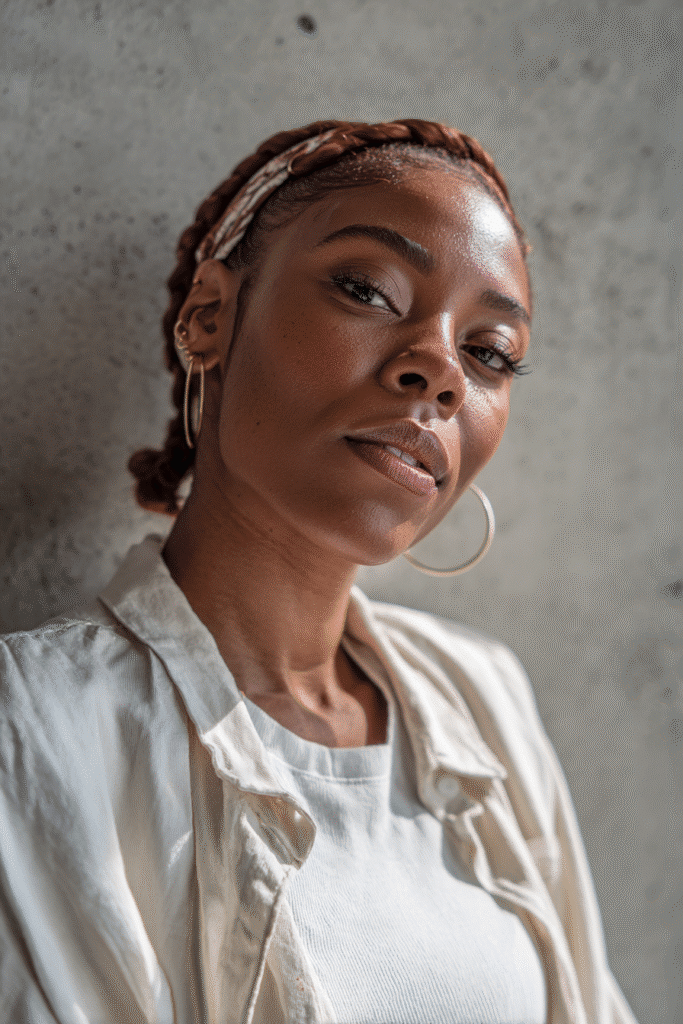 American woman with braided headband in strawberry blonde, plaster backdrop, trendy outfit, Instagram-style.