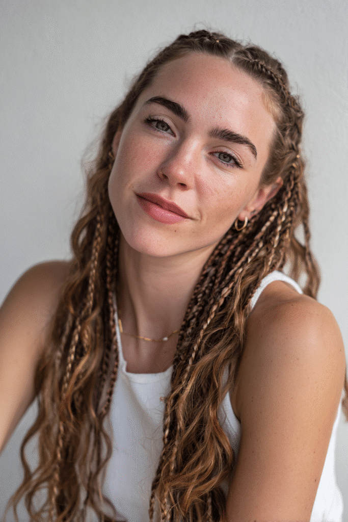 A vibrant American female model in her 20s with chest-length Neapolitan hair featuring braided highlights in chocolate, vanilla, and strawberry tones, styled intricately, photographed against a seamless white backdrop with minimal texture. She wears subtle makeup, a trendy outfit, and has a warm skin tone with a friendly expression, captured with soft natural lighting.